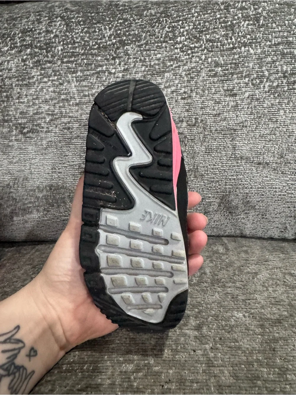Nike Air Max 90 Toggle Athletic Sneakers in Black, Gray & Pink Yellow Accent 9C